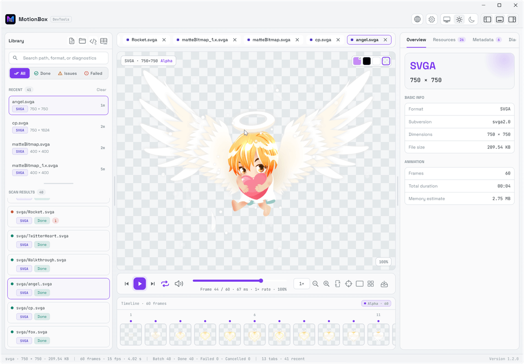MotionBox 在 Windows 上的浅色三栏工作台，Overview 显示动画基本信息
